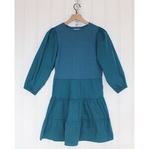 Taylor Tillman Scarlet Dress XS Deep Ocean Blue Puff Sleeve Tiered Mini Boho